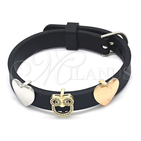 Oro Laminado Fancy Bracelet, Gold Filled Style Owl and Heart Design, with Black and White Micro Pave, Polished, Tricolor, 03.63.1930.2.08 (10 MM Thickness, 8 Inches Length)