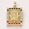 Oro Laminado Religious Pendant, Gold Filled Style Guadalupe Design, with Multicolor Crystal, Polished, Golden Finish, 05.213.0011