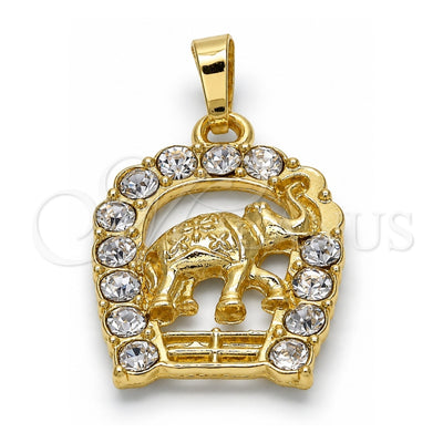 Oro Laminado Fancy Pendant, Gold Filled Style Elephant Design, with White Crystal, Polished, Golden Finish, 05.213.0016