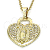 Oro Laminado Fancy Pendant, Gold Filled Style Heart and Guadalupe Design, with White Crystal, Polished, Golden Finish, 05.213.0017