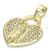 Oro Laminado Fancy Pendant, Gold Filled Style Heart and Guadalupe Design, with White Crystal, Polished, Golden Finish, 05.213.0017