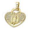Oro Laminado Fancy Pendant, Gold Filled Style Heart and Guadalupe Design, with White Crystal, Polished, Golden Finish, 05.213.0017