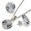 Rhodium Gold Filled Earring and Pendant Adult Set, Flower Design, with Sapphire Blue and White Cubic Zirconia, Polished, Rhodium Finish, 10.106.0003.3