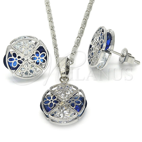 Rhodium Gold Filled Earring and Pendant Adult Set, Flower Design, with Sapphire Blue and White Cubic Zirconia, Polished, Rhodium Finish, 10.106.0003.3