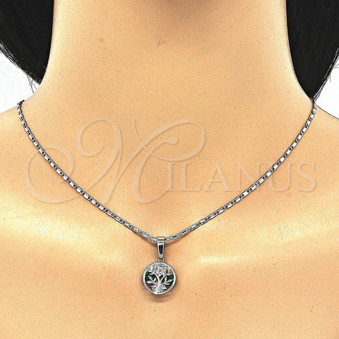 Rhodium Plated Earring and Pendant Adult Set, Tree Design, with Green and White Cubic Zirconia, Polished, Rhodium Finish, 10.106.0014.3