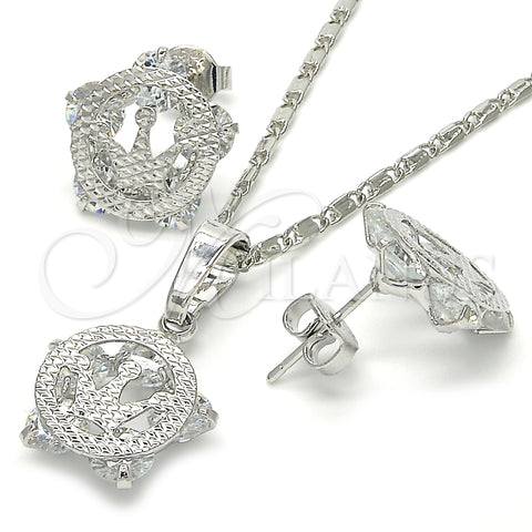 Rhodium Plated Earring and Pendant Adult Set, Crown Design, with White Cubic Zirconia, Polished, Rhodium Finish, 10.106.0017.1