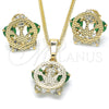 Oro Laminado Earring and Pendant Adult Set, Gold Filled Style Crown Design, with Green and White Cubic Zirconia, Polished, Golden Finish, 10.106.0017.2