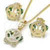 Oro Laminado Earring and Pendant Adult Set, Gold Filled Style Crown Design, with Green and White Cubic Zirconia, Polished, Golden Finish, 10.106.0017.2