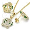 Oro Laminado Earring and Pendant Adult Set, Gold Filled Style Crown Design, with Green and White Cubic Zirconia, Polished, Golden Finish, 10.106.0017.2