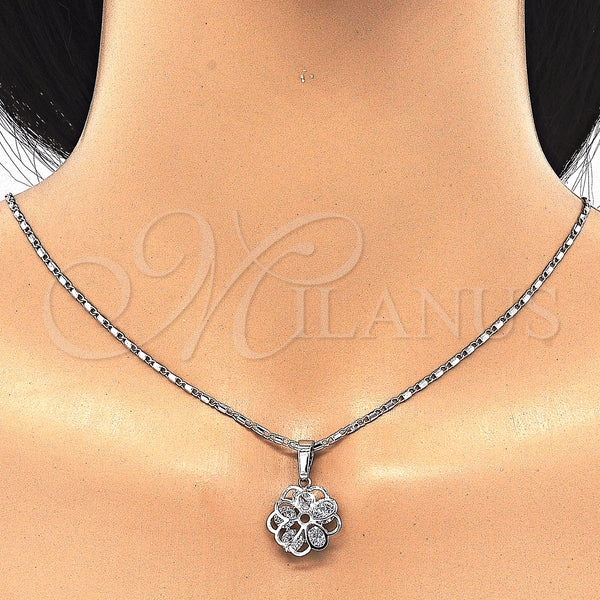 Rhodium Plated Earring and Pendant Adult Set, Flower Design, with White Cubic Zirconia, Polished, Rhodium Finish, 10.106.0021.1