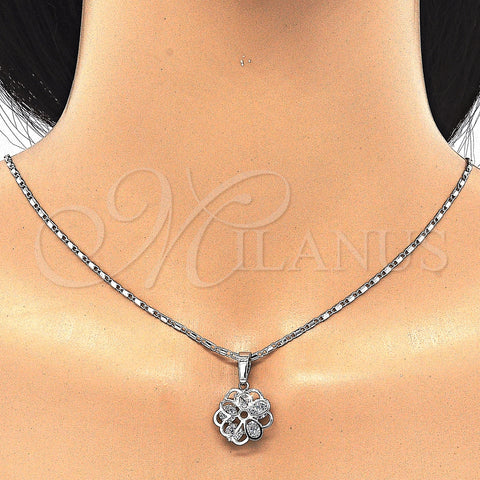 Rhodium Plated Earring and Pendant Adult Set, Flower Design, with White Cubic Zirconia, Polished, Rhodium Finish, 10.106.0021.1