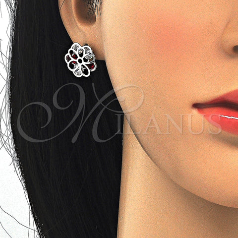 Rhodium Plated Earring and Pendant Adult Set, Flower Design, with Garnet and White Cubic Zirconia, Polished, Rhodium Finish, 10.106.0021.3
