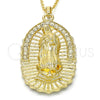 Oro Laminado Religious Pendant, Gold Filled Style Guadalupe Design, with White Crystal, Polished, Golden Finish, 05.213.0027