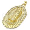 Oro Laminado Religious Pendant, Gold Filled Style Guadalupe Design, with White Crystal, Polished, Golden Finish, 05.213.0027