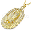 Oro Laminado Religious Pendant, Gold Filled Style Guadalupe Design, with White Crystal, Polished, Golden Finish, 05.213.0027