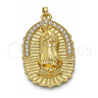 Oro Laminado Religious Pendant, Gold Filled Style Guadalupe Design, with White Crystal, Polished, Golden Finish, 05.213.0027