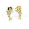 Sterling Silver Stud Earring, Dolphin Design, with White Micro Pave, Polished, Golden Finish, 02.174.0071