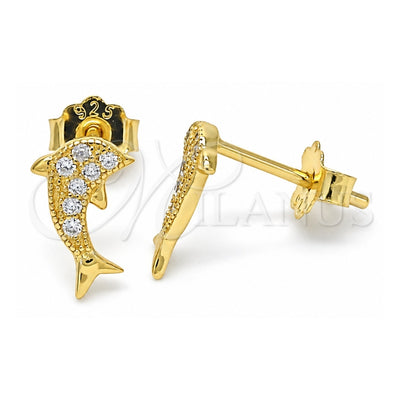 Sterling Silver Stud Earring, Dolphin Design, with White Micro Pave, Polished, Golden Finish, 02.174.0071