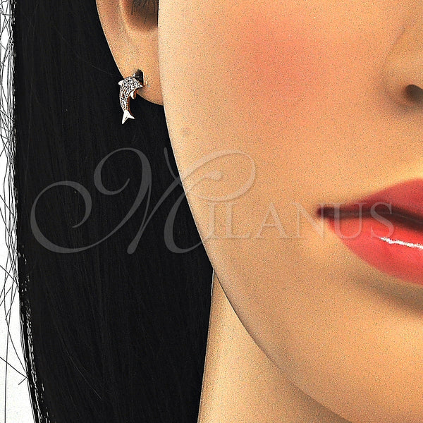 Sterling Silver Ring — Stud Earring Dolphin Design with White Micro Pave — main product view — SKU 123797 | Plata 925 anillo — Stud Earring Dolphin diseño with blanco Micro Pave — SKU 123797