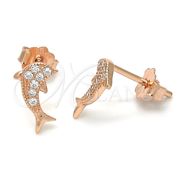 Sterling Silver Stud Earring, Dolphin Design, with White Micro Pave, Polished, Rose Gold Finish, 02.174.0071.1