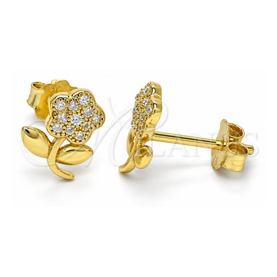 Sterling Silver Stud Earring, Flower Design, with White Micro Pave, Polished, Golden Finish, 02.174.0072