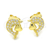 Sterling Silver Stud Earring, Dolphin and Heart Design, with White Micro Pave, Polished, Golden Finish, 02.174.0076