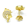 Sterling Silver Stud Earring, Dolphin and Heart Design, with White Micro Pave, Polished, Golden Finish, 02.174.0076