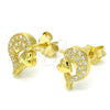 Sterling Silver Stud Earring, Dolphin and Heart Design, with White Micro Pave, Polished, Golden Finish, 02.174.0076