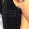 Sterling Silver Stud Earring, Flower Design, with White Micro Pave, Polished, Golden Finish, 02.174.0084
