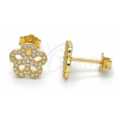 Sterling Silver Stud Earring, Flower Design, with White Micro Pave, Polished, Golden Finish, 02.174.0084