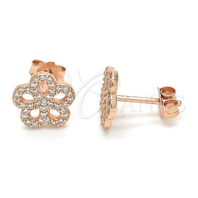 Sterling Silver Stud Earring, Flower Design, with White Cubic Zirconia, Polished, Rose Gold Finish for wholesale, main product view