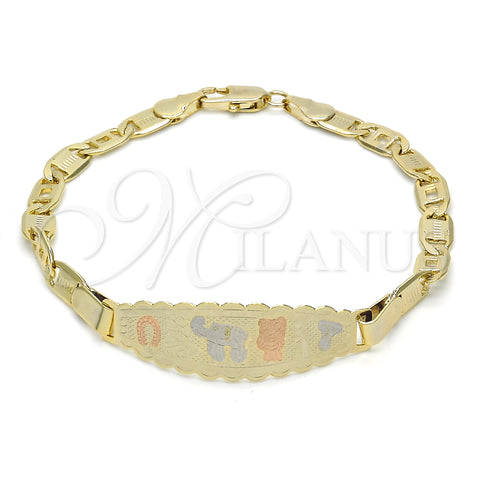 Oro Laminado ID Bracelet, Gold Filled Style Elephant and Owl Design, Polished, Tricolor, 03.63.1932.1.07 (05 MM Thickness, 7 Inches Length)