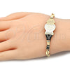 Oro Laminado ID Bracelet, Gold Filled Style Guadalupe and Heart Design, Polished, Golden Finish, 03.63.1939.07 (05 MM Thickness, 7 Inches Length)