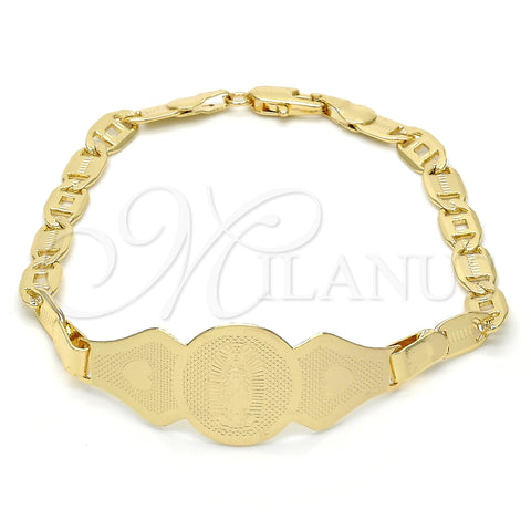 Oro Laminado ID Bracelet, Gold Filled Style Guadalupe and Heart Design, Polished, Golden Finish, 03.63.1939.07 (05 MM Thickness, 7 Inches Length)