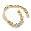 Oro Laminado ID Bracelet, Gold Filled Style Flower and Heart Design, Polished, Tricolor, 03.63.1941.1.08 (08 MM Thickness, 8 Inches Length)