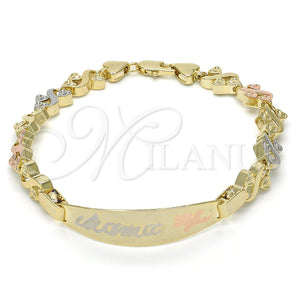 Gold Filled Bracelet — ID Bracelet Flower and Heart Design Polished Tricolor — main product view — SKU 123852 | Oro Laminado brazalete — ID Bracelet flor and corazón diseño pulido Tricolor — SKU 123852