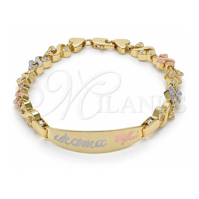 Oro Laminado ID Bracelet, Gold Filled Style Flower and Heart Design, Polished, Tricolor, 03.63.1941.1.08 (08 MM Thickness, 8 Inches Length)