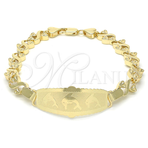 Oro Laminado ID Bracelet, Gold Filled Style Dolphin and Heart Design, Polished, Golden Finish, 03.63.1945.08 (08 MM Thickness, 8 Inches Length)