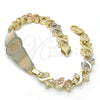 Oro Laminado ID Bracelet, Gold Filled Style Flower and Heart Design, Polished, Tricolor, 03.63.1947.1.08 (08 MM Thickness, 8 Inches Length)
