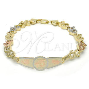 Gold Filled Bracelet — ID Bracelet Flower and Heart Design Polished Tricolor — main product view — SKU 123864 | Oro Laminado brazalete — ID Bracelet flor and corazón diseño pulido Tricolor — SKU 123864
