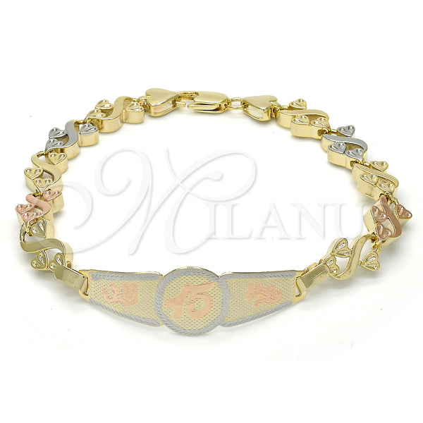 Gold Filled Bracelet — ID Bracelet Flower and Heart Design Polished Tricolor — main product view — SKU 123864 | Oro Laminado brazalete — ID Bracelet flor and corazón diseño pulido Tricolor — SKU 123864