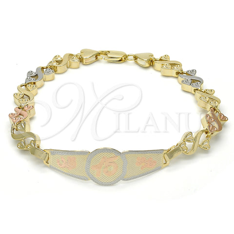 Oro Laminado ID Bracelet, Gold Filled Style Flower and Heart Design, Polished, Tricolor, 03.63.1947.1.08 (08 MM Thickness, 8 Inches Length)