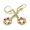 Oro Laminado Long Earring, Gold Filled Style Heart Design, with Garnet and White Cubic Zirconia, Polished, Golden Finish, 02.210.0196.2