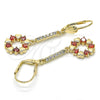 Oro Laminado Long Earring, Gold Filled Style Heart Design, with Garnet and White Cubic Zirconia, Polished, Golden Finish, 02.210.0196.2