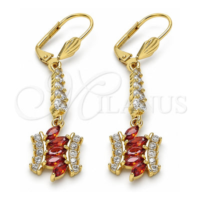 Oro Laminado Long Earring, Gold Filled Style with Garnet and White Cubic Zirconia, Polished, Golden Finish, 02.210.0201.1
