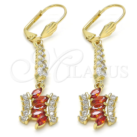 Oro Laminado Long Earring, Gold Filled Style with Garnet and White Cubic Zirconia, Polished, Golden Finish, 02.210.0201.1