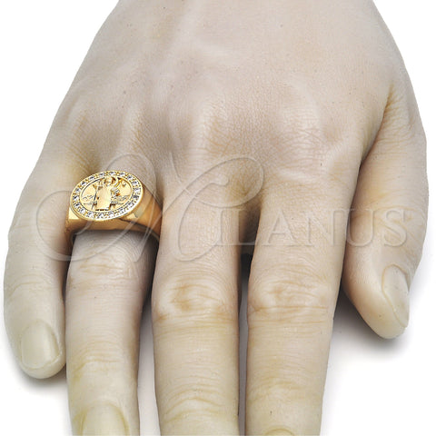 Oro Laminado Mens Ring, Gold Filled Style San Benito Design, with White Cubic Zirconia, Polished, Golden Finish, 01.283.0002.11 (Size 11)