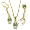 Oro Laminado Earring and Pendant Adult Set, Gold Filled Style Teardrop Design, with Green and White Cubic Zirconia, Polished, Golden Finish, 10.210.0085