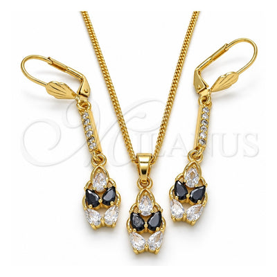 Oro Laminado Earring and Pendant Adult Set, Gold Filled Style Teardrop Design, with Black and White Cubic Zirconia, Polished, Golden Finish, 10.210.0085.1