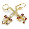 Oro Laminado Long Earring, Gold Filled Style Teardrop Design, with Garnet and White Cubic Zirconia, Polished, Golden Finish, 02.210.0208